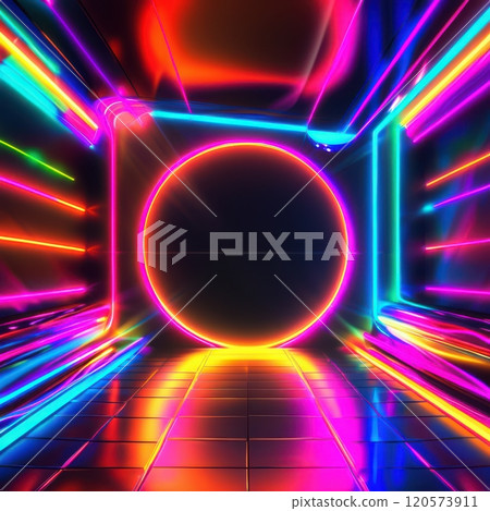 Dazzling retro disco background with vibrant neon colors and abstract patterns, perfect for digital product placement in 80s-styled designs. 120573911