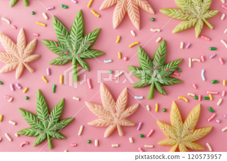 Colorful Cannabis Leaf Shaped Cookies with Sprinkles on Pink Background 120573957