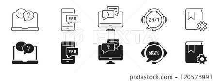 Customer Support Service Tools and FAQ Line and Silhouette Icon Set. Online Information and Communication Symbol Collection. Isolated Vector Illustration 120573991