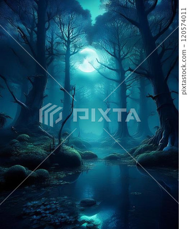 浸泡在月光和水中的幽靈森林 AI 生成的圖像 浸泡在月光和水中的幽靈森林 AI 生成的圖像 120574011