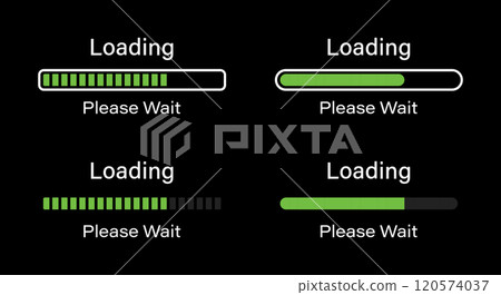 Loading please wait symbol infographics set in green color. Set of 70 percent loading infographics in four different styles- Bar, Rectangular bar, Rounded bar, Rectangular bar isolated for dark mode. 120574037