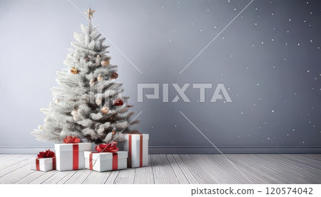 [AI image] A white Christmas tree and presents decorated in a room 120574042