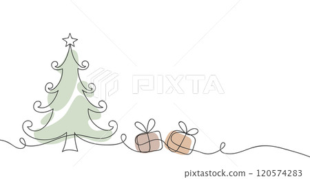 Continuous one line drawing of Christmas tree with gifts boxes. Illustration for postcard, greeting card decoration. 120574283