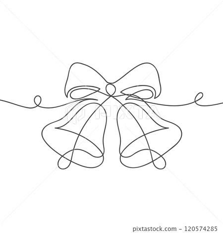Continuous one line drawing of Christmas bells icon with bow. Illustration for postcard, greeting card decoration. 120574285