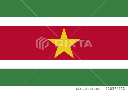 Suriname flag in official colors, dimensions and aspect ratio. Vector flag symbolizing national pride, identity, heritage, patriotism and authority 120574352