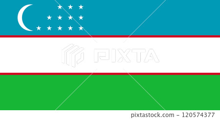 Uzbekistan flag in official colors, dimensions and aspect ratio. Vector flag symbolizing national pride, identity, heritage, patriotism and authority 120574377