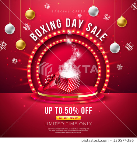 Boxing Day Sale Design with Gift Box on Podium and Golden Christmas Ball on Red Background. Holiday Vector Business Illustration with Special Offer Elements for Coupon, Voucher, Banner, Flyer 120574386