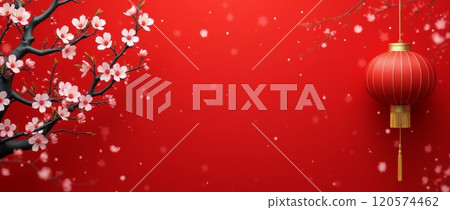 Red lantern and cherry blossoms on red background with falling petals. Chinese New Year theme, copy space 120574462