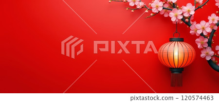 Red Chinese lantern and cherry blossom branch on red background. Asian holiday concept, copy space 120574463