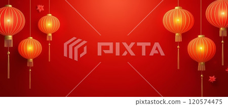 Red Chinese lanterns with tassels on red background. Lunar New Year and Chinese festival concept. Copy space 120574475