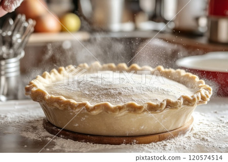 A close-up of a pie crust being dusted with flour. 120574514