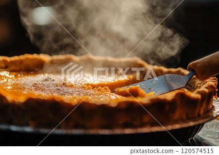 Steaming Freshly Baked Pumpkin Pie with a Slice Removed 120574515