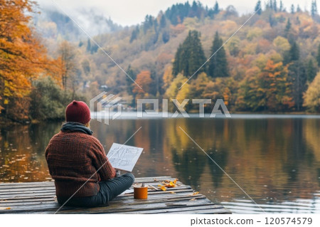 Person sketching by a lake with a view of fall foliage. Person sketching by a lake with a view of fall foliage. 120574579