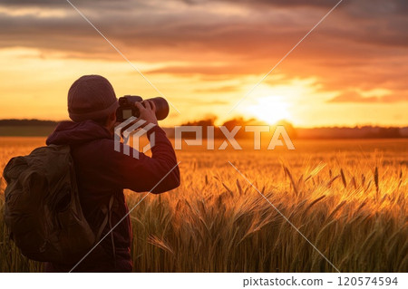 Photographer Capturing a Sunset in a Field of Grain 120574594
