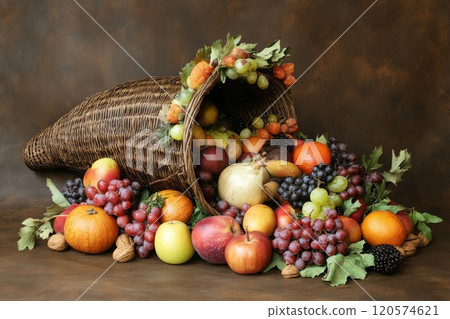 Overflowing Wicker Horn of Autumn Fruits and Grapes Overflowing Wicker Horn of Autumn Fruits and Grapes 120574621