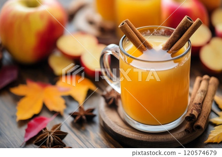 Warm Apple Cider with Cinnamon Sticks and Star Anise on Wooden Table 120574679