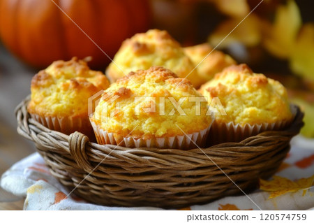 Close-up of golden cornbread muffins in a wicker basket 120574759