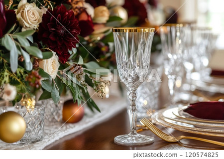Crystal Wine Glass and Floral Arrangement on Tabletop Crystal Wine Glass and Floral Arrangement on Tabletop 120574825