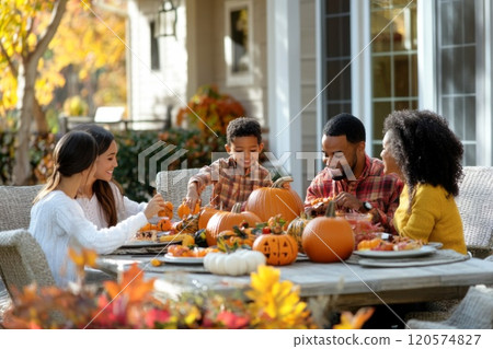 Family Carving Pumpkins Together for Halloween on Patio Family Carving Pumpkins Together for Halloween on Patio 120574827