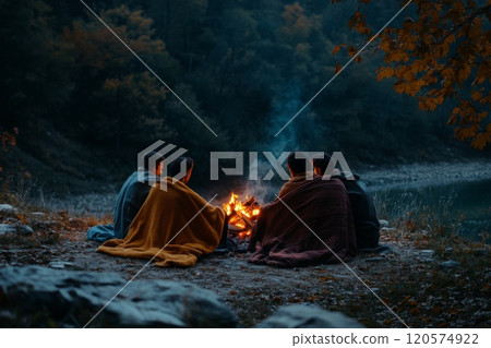Four Friends Wrapped in Blankets Around a Campfire in the Woods Four Friends Wrapped in Blankets Around a Campfire in the Woods 120574922