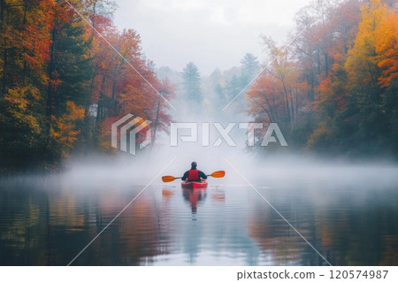 Solo Kayaking through a Foggy Autumn Forest Solo Kayaking through a Foggy Autumn Forest 120574987