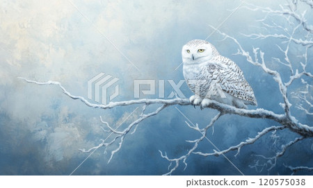 Snowy Owl Perched on a Snowy Branch 120575038