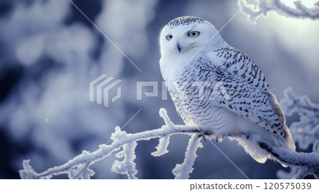 A Snowy Owl Perched on a Frosted Branch in Winter A Snowy Owl Perched on a Frosted Branch in Winter 120575039