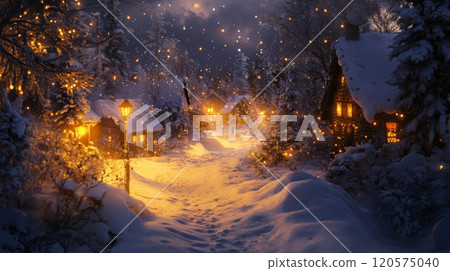 A Snowy Village Street Illuminated by Warm Lights 120575040