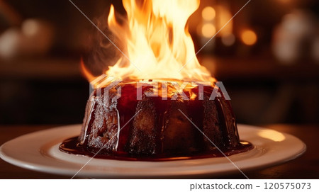 Flamb?ed Dessert with Caramel Sauce and Fire Flamb?ed Dessert with Caramel Sauce and Fire 120575073