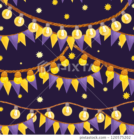Outdoor string lights and colorful flag garland with stars seamless pattern on dark background. Hand painted in watercolor. Perfect for Christmas design, package, textile, wrapping paper, card, poster Outdoor string lights and colorful flag garland with stars seamless pattern on dark background. Hand painted in watercolor. Perfect for Christmas design, package, textile, wrapping paper, card, poster 120575202