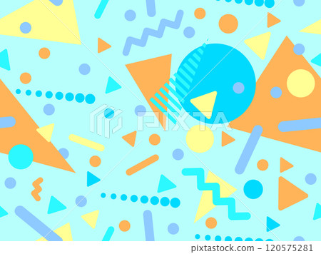 Geometric seamless pattern with memphis elements in 80s style. Colorful geometric pattern. Design of promotional products, wrapping paper and printing. Vector illustration 120575281