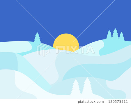 Winter landscape in the style of minimalism. Snow-covered hills and mountains with fir trees. Snowy wavy landscape. Design for prints and posters, promotional items. Vector illustration 120575311