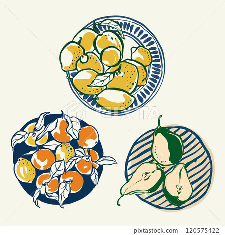 Vector orange composition with Mediterranean fruits on the plates of orange, lemon and pear. Hand-drawn set isolated on beige background. Tasty food for design, print, fabric or background. 120575422