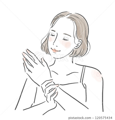 一位微笑的年輕女子做手部護理的上半身 120575434