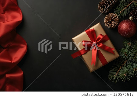 Christmas gifts, pine cones arranged on a dark background 120575612