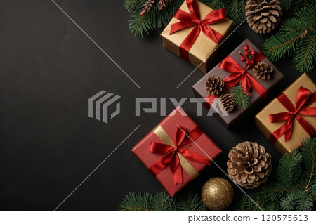 Christmas gifts, pine cones arranged on a dark background 120575613