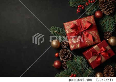 Christmas gifts, pine cones arranged on a dark background 120575614