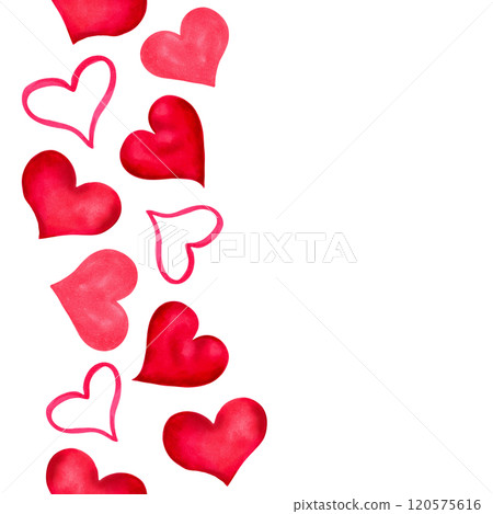 Seamless vertical border with hearts for Valentine's Day. Watercolor and marker illustration. Hand drawn isolated art. Card with space for text for birthday, anniversary, surprise Seamless vertical border with hearts for Valentine's Day. Watercolor and marker illustration. Hand drawn isolated art. Card with space for text for birthday, anniversary, surprise 120575616