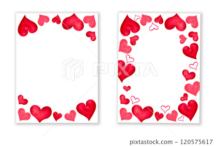 Vertical poster for Valentine's Day, Mother's Day. Watercolor and marker illustration. Hand drawn isolated art. Red and pink hearts with space for text for holiday cards, congratulations 120575617