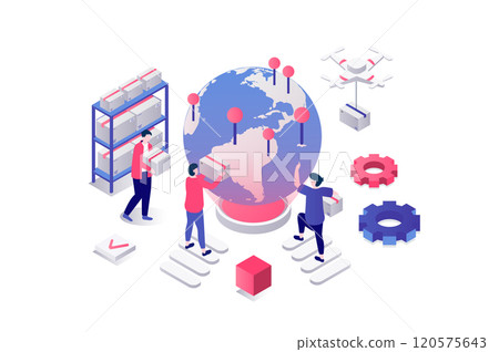 Worldwide delivery 3d isometric concept in geometry graphic design for web. People work in global logistic company, shipping packages, making export and import transportation. Vector illustration. 120575643