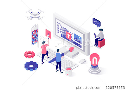 Web design 3d isometric concept in geometry graphic design. People creating webpage wireframe template, filling page with content, engineering and coding interface at screen. Vector illustration. Web design 3d isometric concept in geometry graphic design. People creating webpage wireframe template, filling page with content, engineering and coding interface at screen. Vector illustration. 120575653