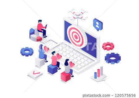 Target audience 3d isometric concept in geometry graphic design for web. People analyzing accurate target group, researching market and customers, creating promotion strategy. Vector illustration. 120575656