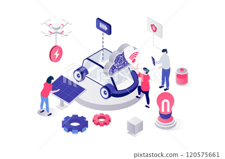 Smart car 3d isometric concept in geometry graphic design for web. People using electric auto with alternative green battery charging, wireless sensors and automatic control. Vector illustration. Smart car 3d isometric concept in geometry graphic design for web. People using electric auto with alternative green battery charging, wireless sensors and automatic control. Vector illustration. 120575661