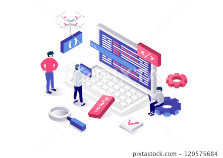 Programming 3d isometric concept in geometry graphic design for web. People developing new software, coding and engineering programs, working with project at computer screen. Vector illustration. Programming 3d isometric concept in geometry graphic design for web. People developing new software, coding and engineering programs, working with project at computer screen. Vector illustration. 120575684
