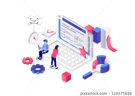 Online survey 3d isometric concept in geometry graphic design for web. People filling internet questionnaire list and ticking answers in checklist, evaluate in feedback form. Vector illustration. 120575686