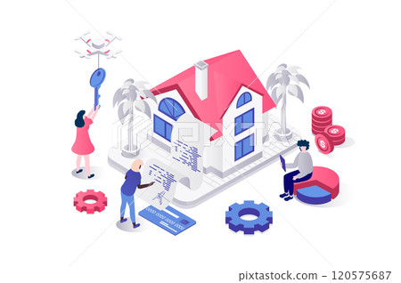 Mortgage investment 3d isometric concept in geometry graphic design for web. People buying new home, concluding property money contract with bank and investing in real estate. Vector illustration. 120575687