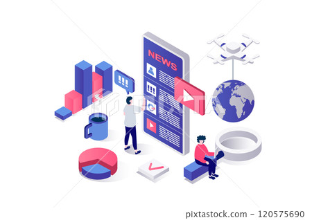Mobile news 3d isometric concept in geometry graphic design for web. People reading daily global news, online articles and new posts in social media, watch video in mobile app. Vector illustration. 120575690