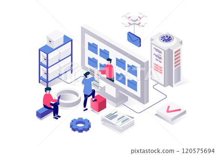 Electronic organization files 3d isometric concept in geometry graphic design for web. People managing digital documents in folders and interacting catalog at computer screen. Vector illustration. Electronic organization files 3d isometric concept in geometry graphic design for web. People managing digital documents in folders and interacting catalog at computer screen. Vector illustration. 120575694