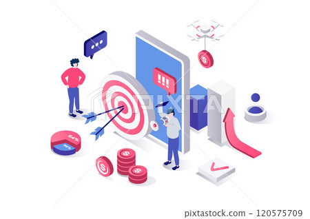 Business strategy 3d isometric concept in geometry graphic design for web. People brainstorming and finding solution, making analysis and job process organization, achieve target. Vector illustration. Business strategy 3d isometric concept in geometry graphic design for web. People brainstorming and finding solution, making analysis and job process organization, achieve target. Vector illustration. 120575709