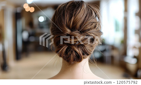 relaxed and casual hairstyle with loose, messy bun, perfect for laid back day. soft, tousled look adds touch of effortless elegance, ideal for any casual occasion relaxed and casual hairstyle with loose, messy bun, perfect for laid back day. soft, tousled look adds touch of effortless elegance, ideal for any casual occasion 120575792